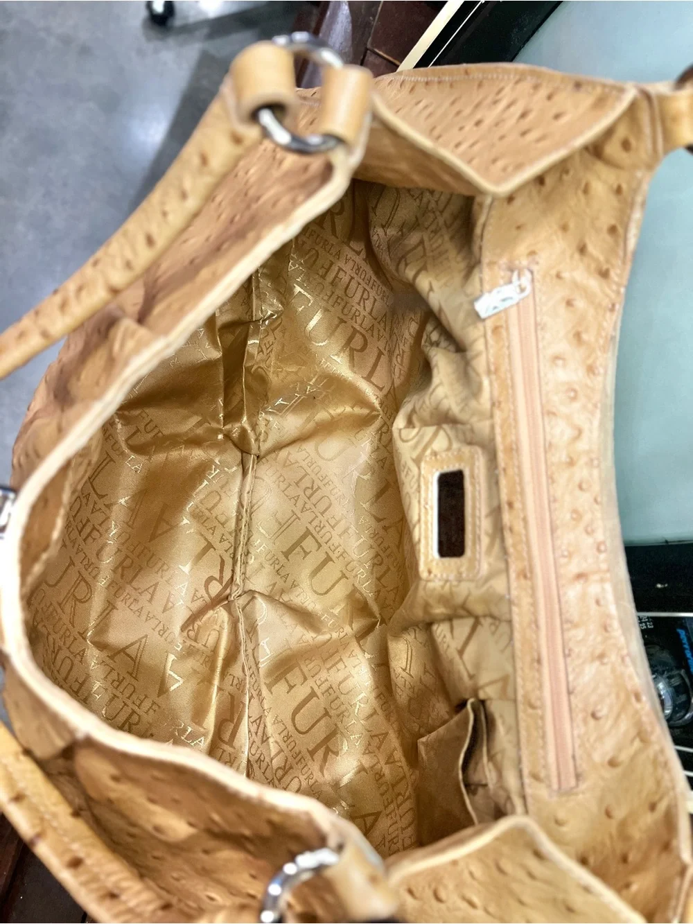 Y2K Vintage Furla Ostrich Embossed Genuine Leather Shoulder Hobo Bag Tan